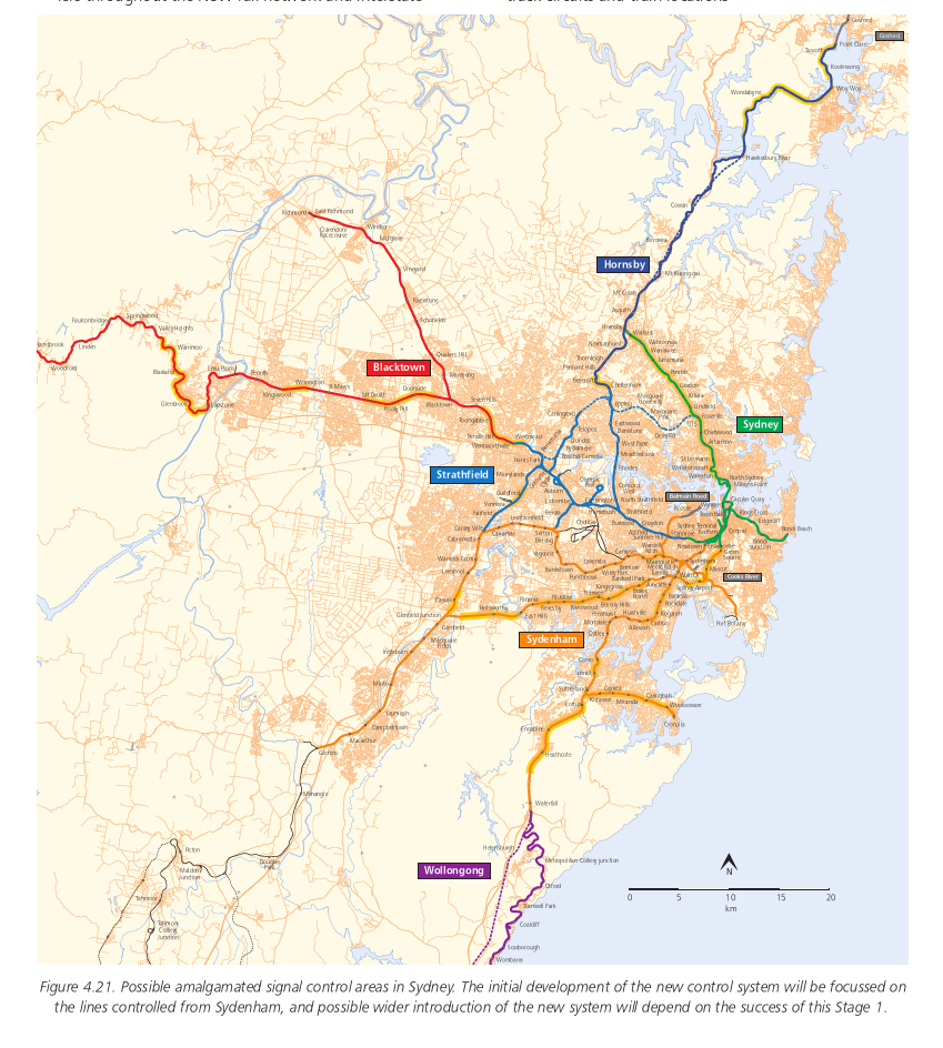 Figure 4.21. Possible amalgamated signal control areas in Sydney. The initial development of the new control system will be focussed on the lines controlled from Sydenham, and possible wider introduction of the new system will depend on the success of this Stage 1.