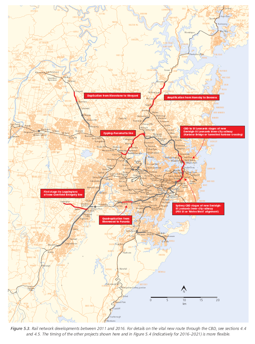 Figure 5.3. Rail network developments between 2011 and 2016. For details on the vital new route through the CBD, see sections 4.4 and 4.5. The timing of the other projects shown here and in Figure 5.4 (indicatively for 2016-2021) is more flexible.