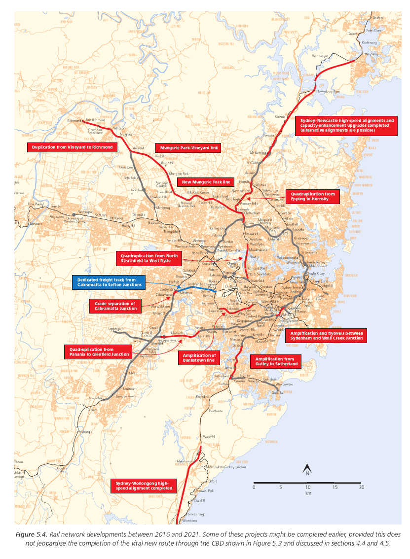 Figure 5.4. Rail network developments between 2016 and 2021. Some of these projects might be completed earlier, provided this does not jeopardise the completion of the vital new route through the CBD shown in Figure 5.3 and discussed in sections 4.4 and 4.5.