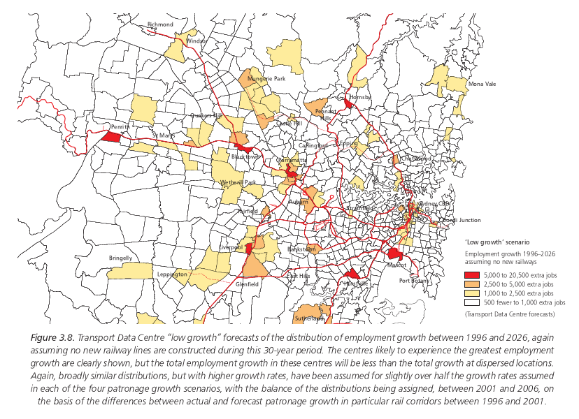 Figure 3.8. Transport Data Centre low growth forecasts of the 
distribution of employment growth between 1996 and 2026, again 
assuming no new railway lines are constructed during this 30-year 
period. The centres likely to experience the greatest employment 
growth are clearly shown, but the total employment growth in these 
centres will be less than the total growth at dispersed locations. 
Again, broadly similar distributions, but with higher growth rates, 
have been assumed for slightly over half the growth rates assumed in 
each of the four patronage growth scenarios, with the balance of the 
distributions being assigned, between 2001 and 2006, on
the basis of the differences between actual and forecast patronage 
growth in particular rail corridors between 1996 and 2001.